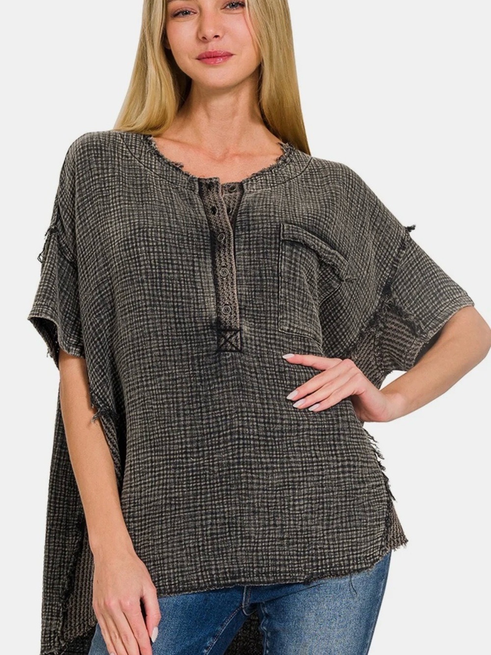 Zenana acid wash Charcoal Waffle Knit Henley Tunic